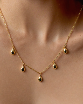 Gold necklace with teardrop-shaped pendants on a person's neck